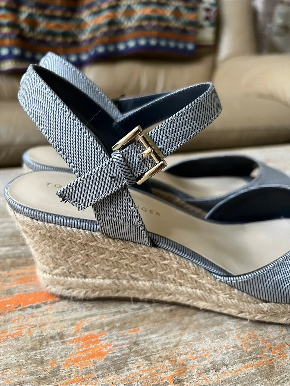 Tommy Hilfiger Denim Blue Espadrille Wedge Sandals with Ankle Strap